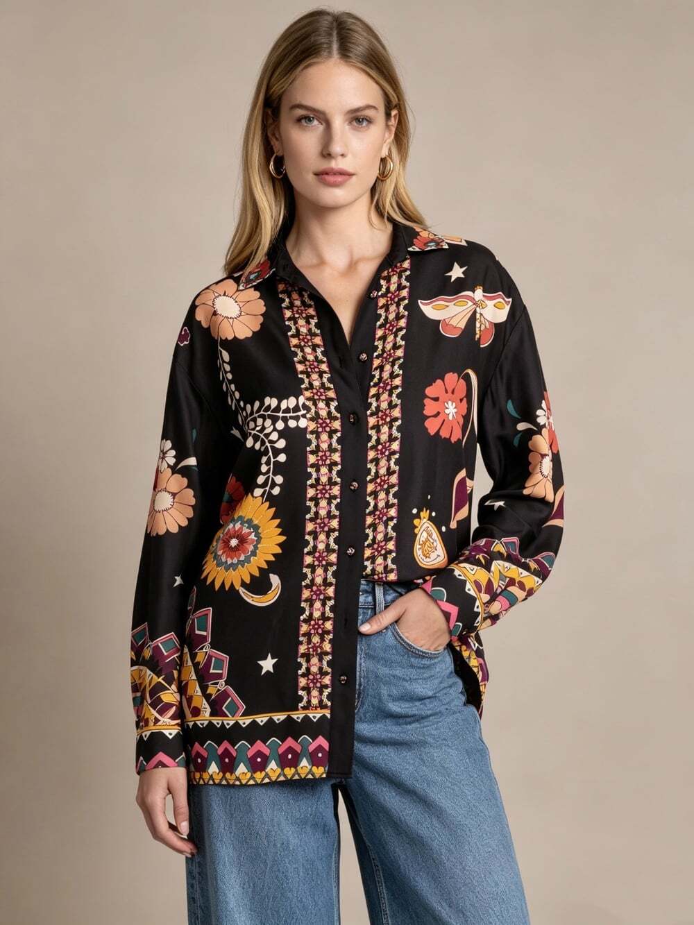 NWT Johnny Was Silk Blend Floral Butterfly Blouse Boho Long sleeve Shirt Size XS